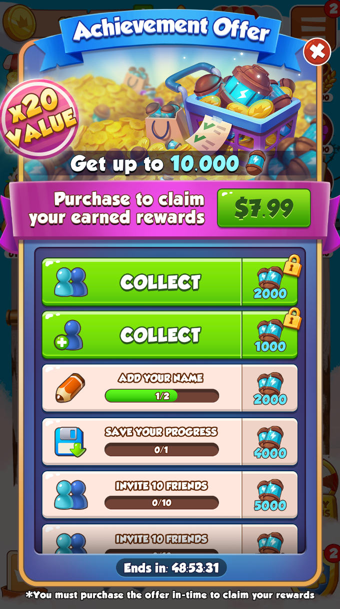 Achievement Offer screen displaying rewards like coins and gems for completing tasks..png