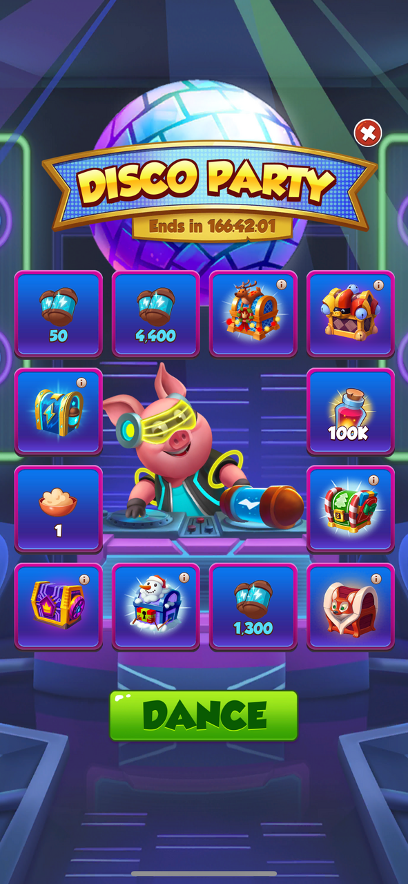 Screen showing the Disco Party event with rewards and a DJ pig character.png