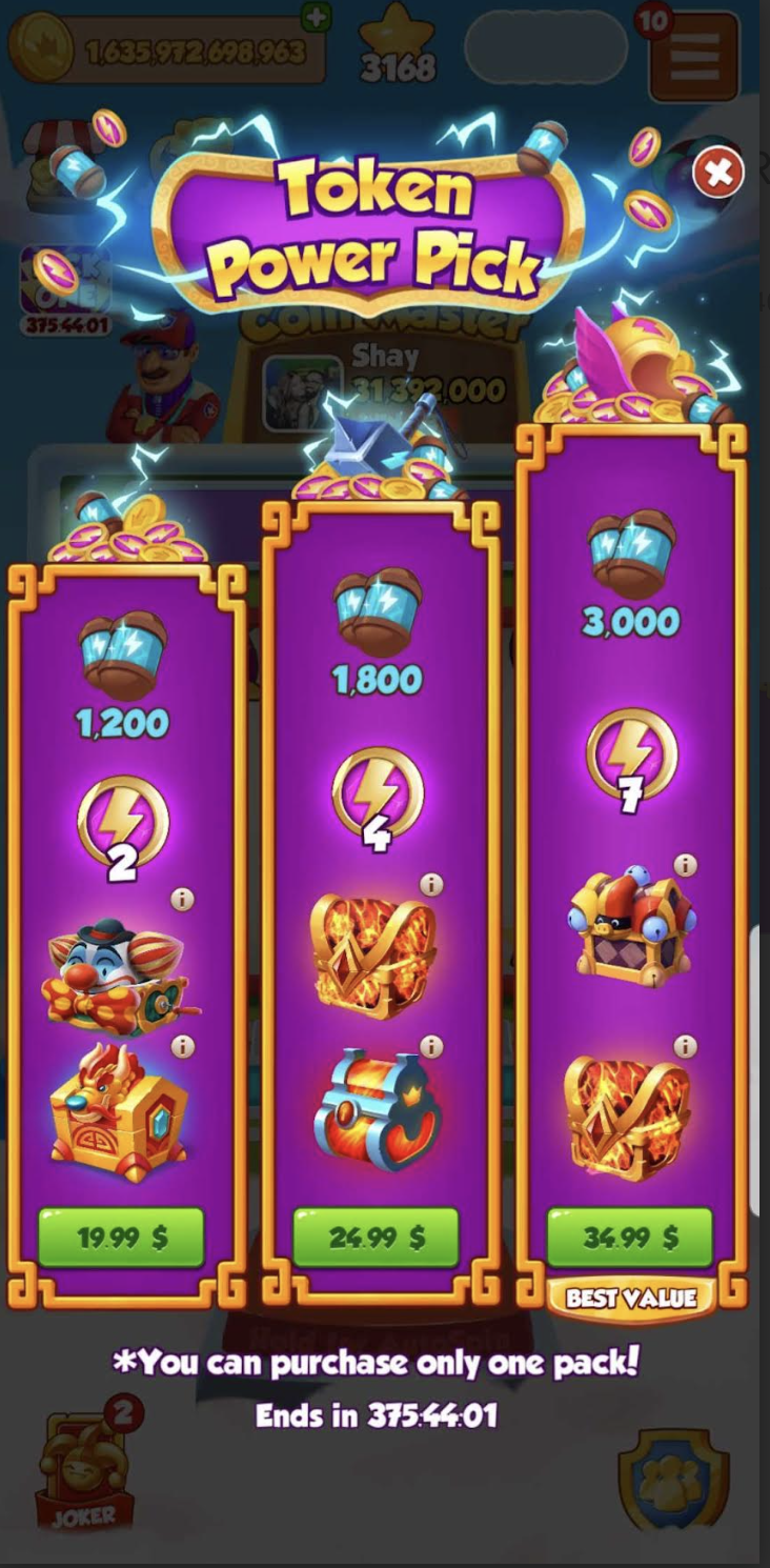 Screen showing the "Token Power Pick" event with three purchase options.png