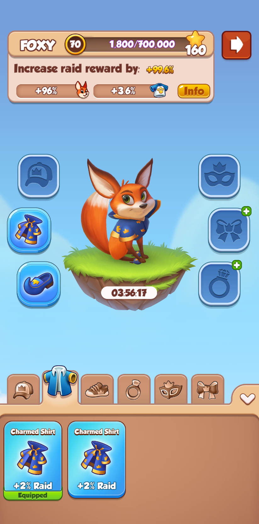 Foxy pet with Charmed Shirt equipped and outfits displayed.PNG