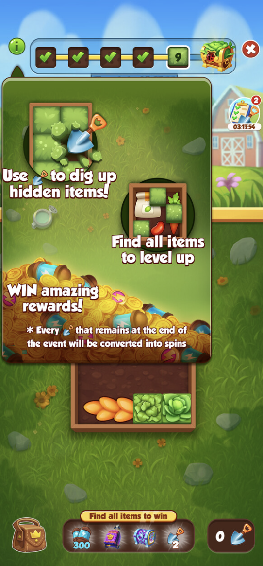 Instructions screen for the Giardino Nascosto event, showing how to use a shovel to clear tiles and find items to win rewards..png