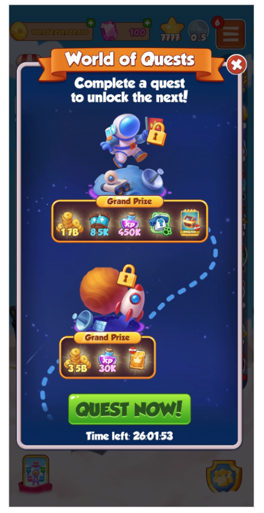 Screen showing the World of Quests event with grand prize rewards a time limit and a QUEST NOW button.png