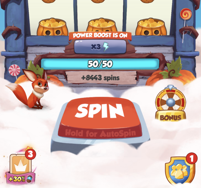 Layar utama game dengan Boost Power aktif, jumlah Putaran, dan tombol Putaran